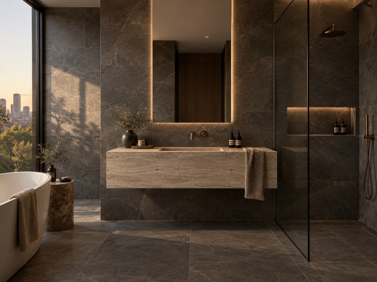 Illustrative image: luxury bathroom with natural stone and large-format tiling