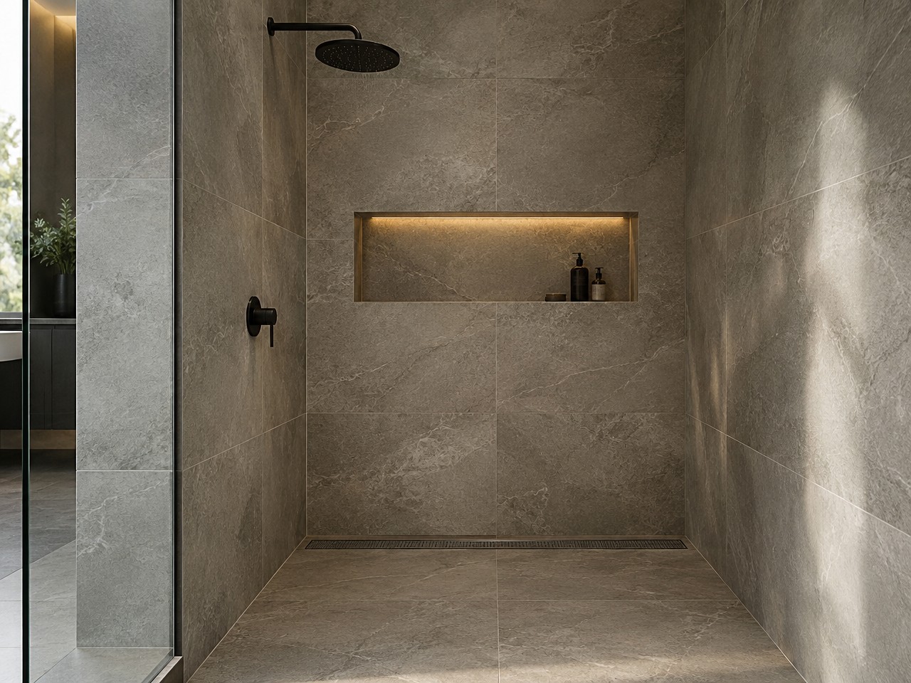 Illustrative image: large-format stone-look tiling in a walk-in shower